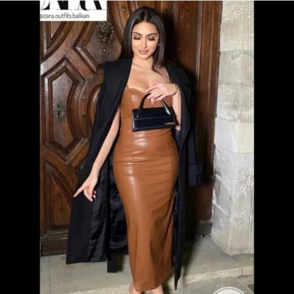 Zara Brown Faux Leather Midi Dress with Spaghetti Straps, Size Medium, Large NWT - Picture 4 of 11